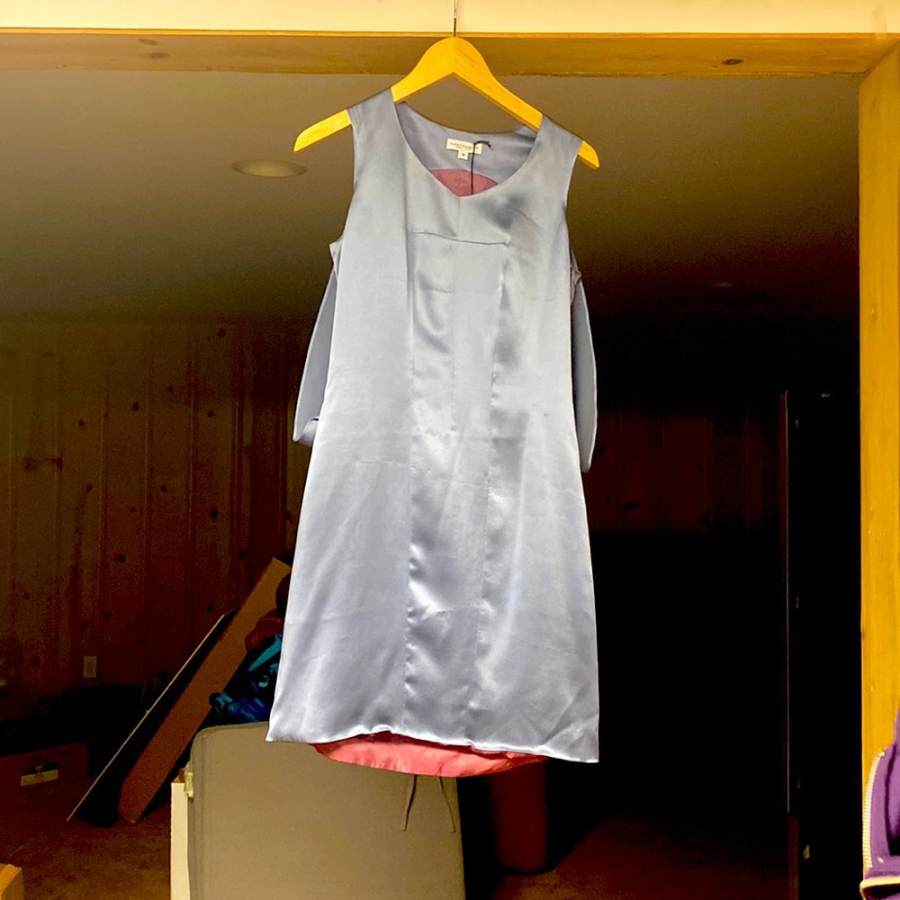 Caped dress, steel blue color, brand new, never worn. Size 4.
